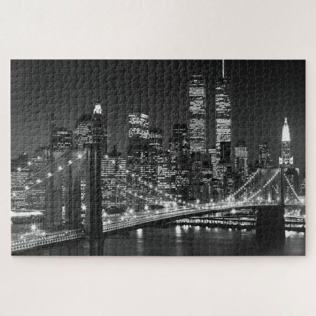Schwarz-weiß Brooklyn Bridge New York Night Puzzle (Horizontal)