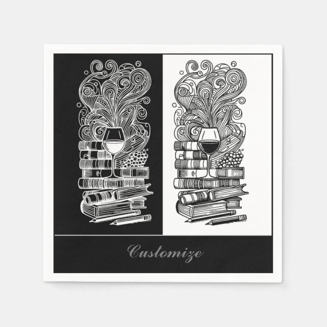 Schwarz-Weiß-Bücher und Wein 2 Serviette (Vorderseite)