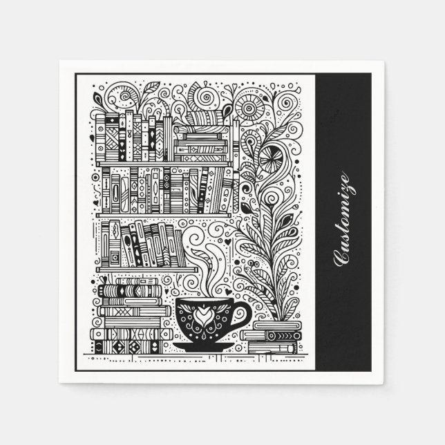 Schwarz-Weiß Buchregale Doodle Serviette (Vorderseite)