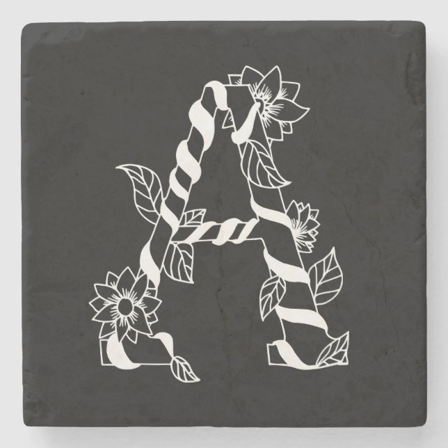 Schwarz-Weiß-Buchstabe "A" mit Twining-Blume Steinuntersetzer (Vorderseite)