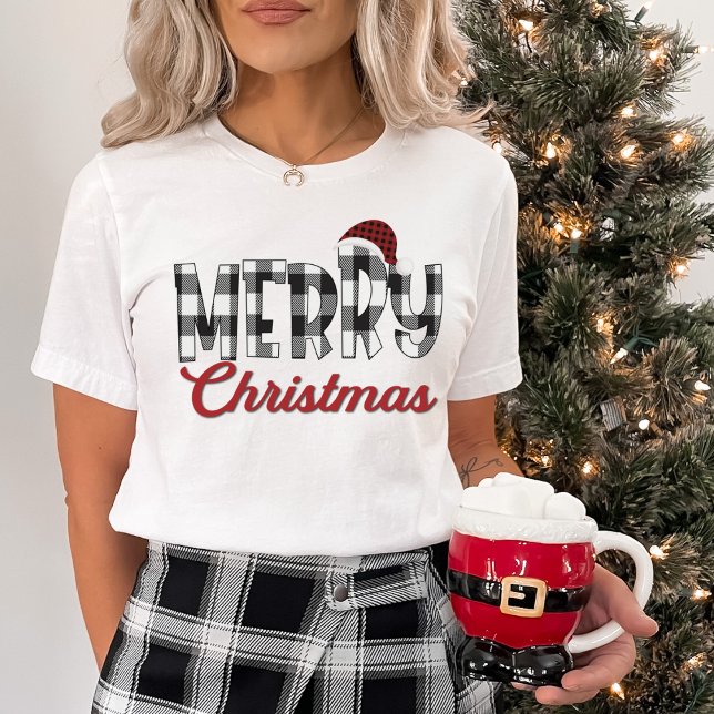 Schwarz & Weiß Buffalo Kariert Cheery Frohe Weihna T-Shirt (Black & White Buffalo Plaid Cheery Merry Christmas T-Shirt)