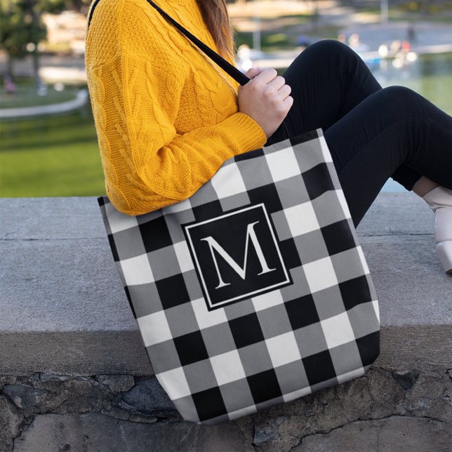Schwarz-Weiß-Buffalo Kariert Mit Monogramm (Black and White Buffalo Plaid Monogrammed Tote Bag)
