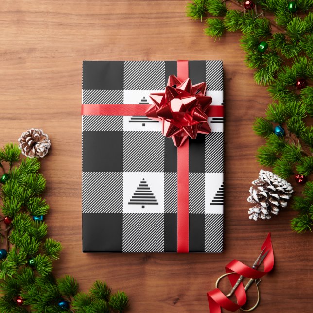 Schwarz-Weiß-Buffalo Kariert mit Weihnachtsbäumen Geschenkpapier (Feiertagsgeschenk)