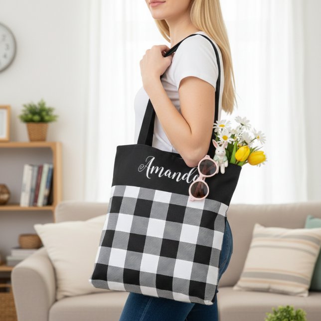 Schwarz-Weiß-Buffalo Kariert Personalisiert (Black and White Buffalo Plaid Personalized Tote Bag, spring/ summer.  Add your name or special text.)