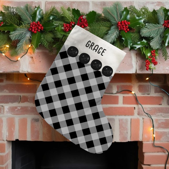 Schwarz-Weiß Buffalo Karierter WeihnachtsStrumpf Kleiner Weihnachtsstrumpf (Add your name to this black and white buffalo plaid Christmas stocking)