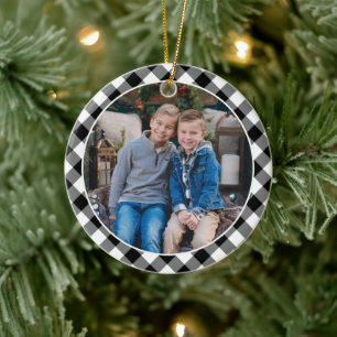 Schwarz-Weiß-Buffalo-Karo-Familien-Festtagsfoto Keramik Ornament