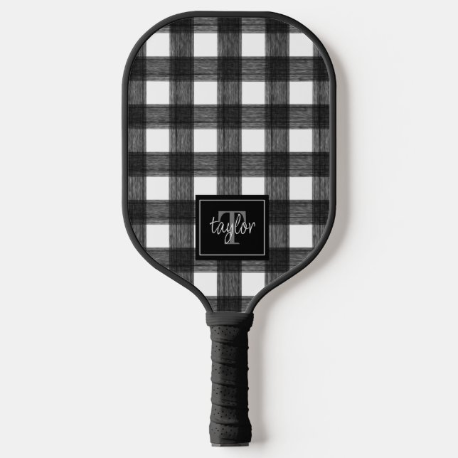 Schwarz-Weiß-Buffalo-Monogramm Karierter Karo Pickleball Schläger (Vorderseite)