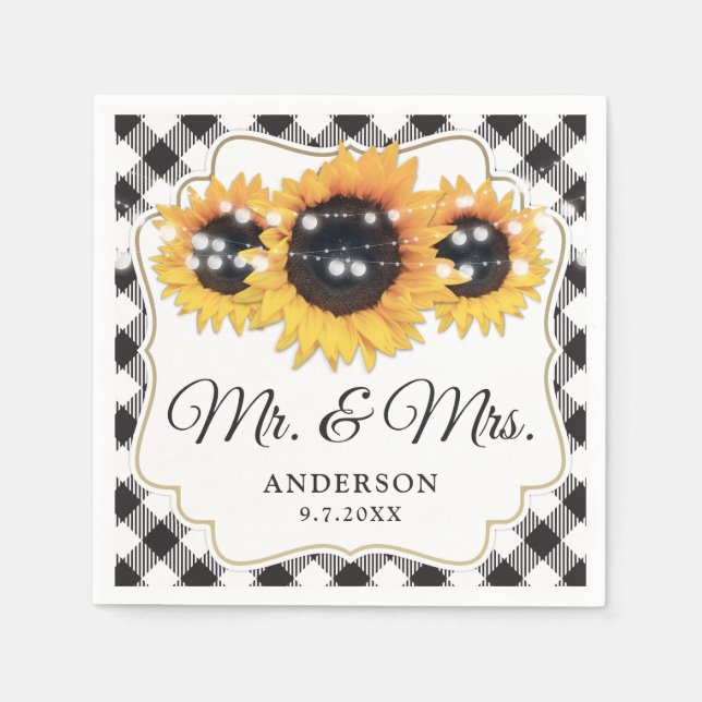 Schwarz-weiß Buffalo Sonnenblume Mr. & Mrs. Weddin Serviette (Vorderseite)