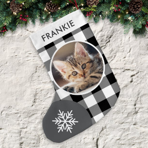 Schwarz-Weiß-Büffel-Karo mit individuellem Foto un Kleiner Weihnachtsstrumpf