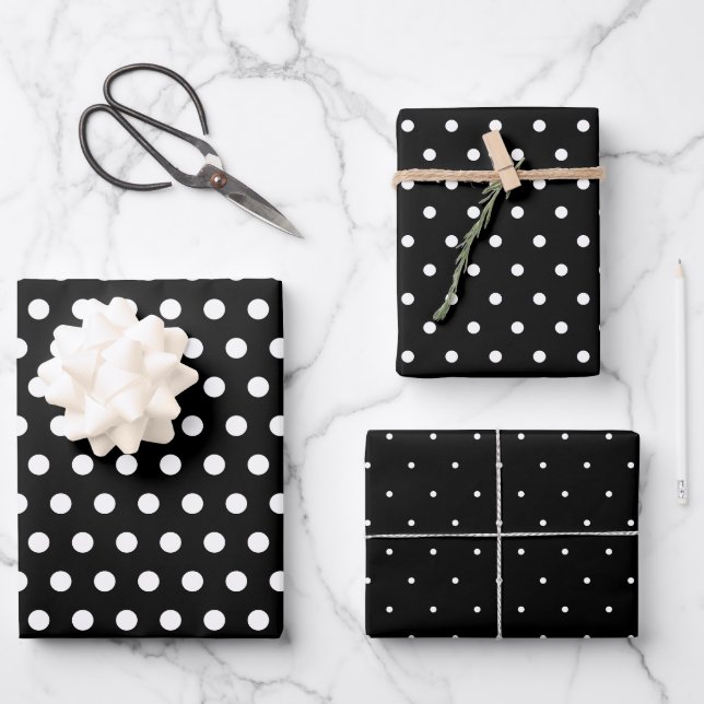 Schwarz-Weiß-Button und Polka-Punkte Geschenkpapier Set (Vorderseite)