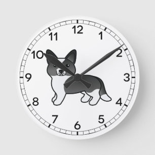 Schwarz-Weiß-Cardigan-Welsh-Corgi-Cartoon-Hund Runde Wanduhr