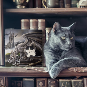 Schwarz-weiß Cat Gargoyle Fliese