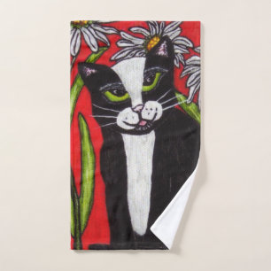 Schwarz-weiß Cat Green eyes White Daisies Red Handtuch