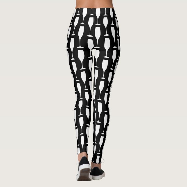 Schwarz-Weiß-Champagner-Flötenglas-Muster Leggings (Rückseite)