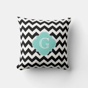 Schwarz Weiß Chevron Aqua Vierblatt Monogramm Kissen