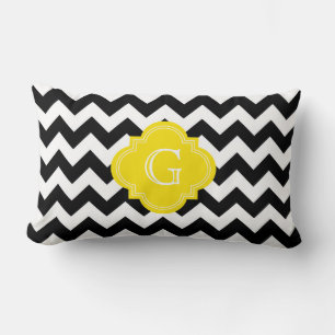Schwarz Weiß Chevron Zick-Zack Gelbes Monogramm Lendenkissen