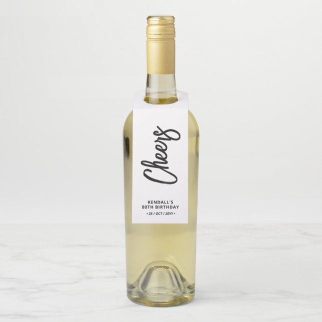 Schwarz-Weiß-Chic-Brush-Lettern Party Flaschenanhänger (Auf Flasche)