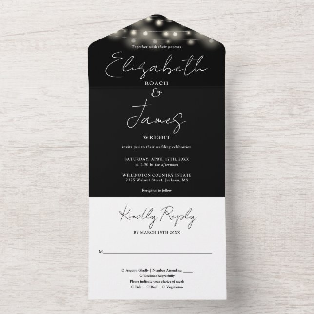 Schwarz-Weiß-Chic-Zeichenketten-Hochzeit All In One Einladung (Innen Boden)