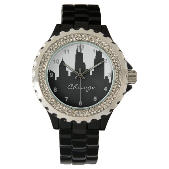 Schwarz-Weiß-Chicago-Skyline Armbanduhr (Vorderseite)