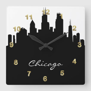 Schwarz-Weiß-Chicago-Skyline Quadratische Wanduhr