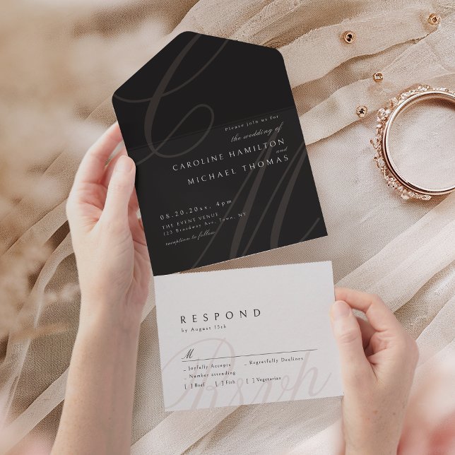 Schwarz-weiß Classic Elegance-Kalligraphie-Monogra All In One Einladung (Black white Classic Elegance calligraphy monogram All In One Invitation)