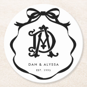Schwarz-Weiß-Coquette-Bow-Jubiläum Runder Pappuntersetzer