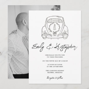 Schwarz-Weiß-Coquette-Hochzeitsauto-Foto Einladung