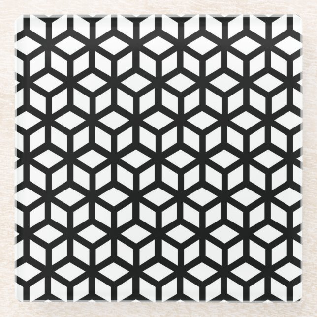 Schwarz-Weiß-Cube-Muster Glasuntersetzer (Vorderseite)