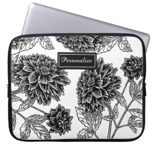 Schwarz-weiß Dahlie Muster personalisiert Laptopschutzhülle