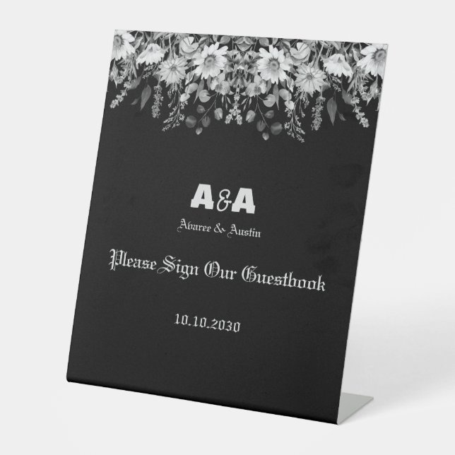 Schwarz-Weiß-Daisy-Border-Hochzeit-Zeichen Unser B Sockelschild (Vorderseite)