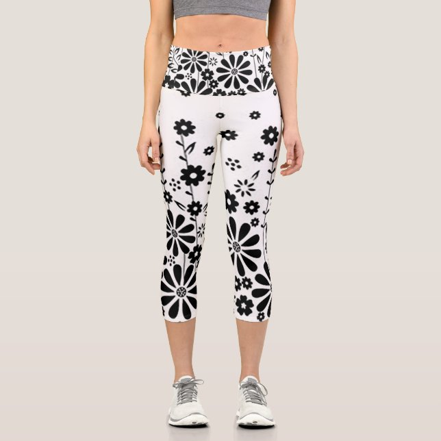 Schwarz-Weiß-Daisy Hochgebirge Capri Leggings (Vorderseite)