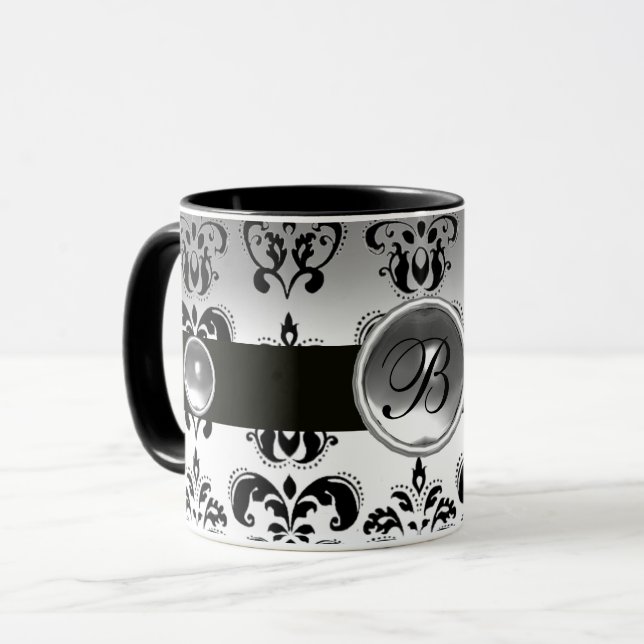 SCHWARZ-WEISS DAMASK GEMSTONE MONOGRAMM TASSE (Vorderseite Links)
