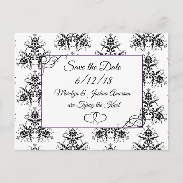 Schwarz-weiß Damask Hochzeit Save the Date Postkar Postkarte (Vorderseite)