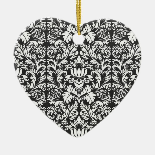 Schwarz-weiß Damask Lace Brocade Keramik Ornament (Vorne)