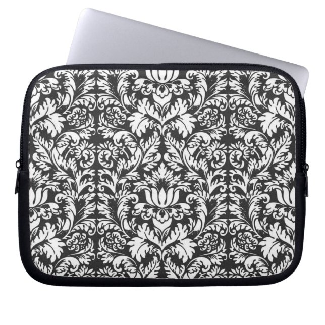 Schwarz-weiß Damask Lace Brocade Laptopschutzhülle (Vorderseite)