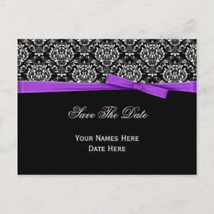 Schwarz-weiß Damask Lila Bow Ribbon Save the Date Ankündigungspostkarte