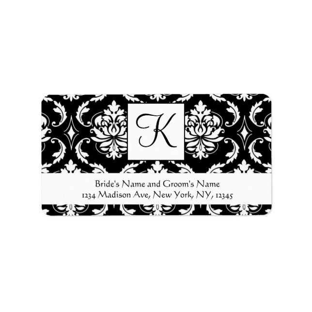 Schwarz-weiß Damask Monogram Wedding Address Label Adressaufkleber (Vorne)