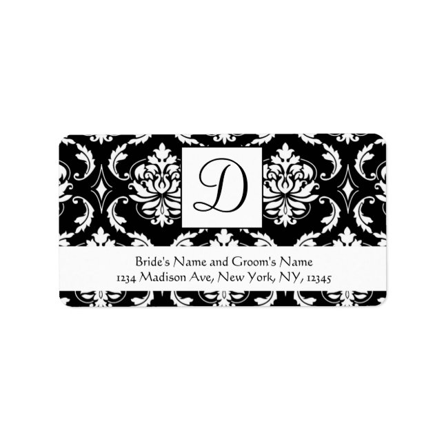 Schwarz-weiß Damask Monogram Wedding Address Label Adressaufkleber (Vorne)