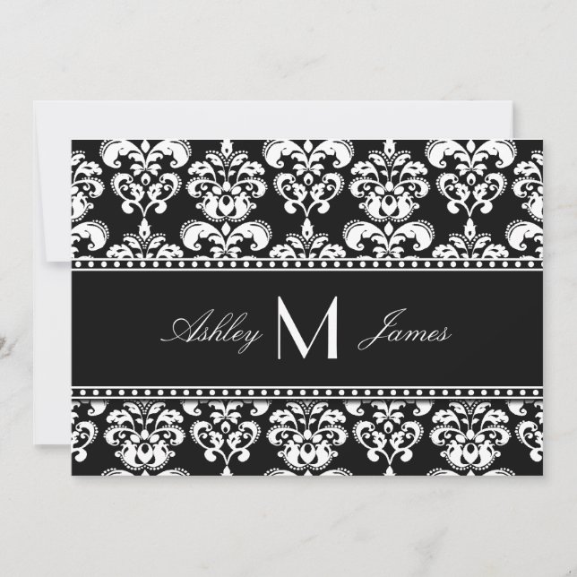 Schwarz-weiß Damask Monogram Wedding Save the Date (Vorderseite)