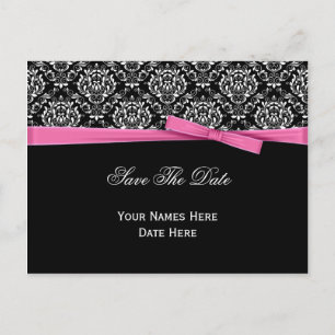 Schwarz-weiß Damask Pink Bow Ribbon Save the Date Ankündigungspostkarte