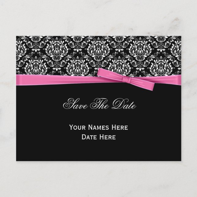 Schwarz-weiß Damask Pink Bow Ribbon Save the Date Ankündigungspostkarte (Vorderseite)