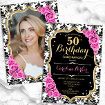 Schwarz-weiß Damask Pink Roses Foto 50. Geburtstag Einladung<br><div class="desc">Elegante florale feminine 50. Geburtstagseinladung mit Ihrem Foto auf der Kartenrückseite. Glam Schwarz-weiß rosa Design mit Imitaten Glitzer Gold. Enthält schwarz-weiße Damast-Muster, rosa Rosen, Script-Schriftart und Konfetti. Ideal für ein stilvolles Party für Erwachsene. Personalisieren Sie Ihre persönlichen Daten. Kann für jedes Alter angepasst werden! Gedruckte Zazzle Einladungen oder Sofortdownload digitalen...</div>