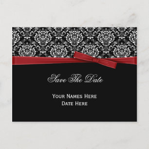 Schwarz-weiß Damask Red Bow Ribbon Save the Date Ankündigungspostkarte