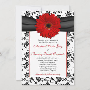 Schwarz-weiß Damask Red Daisy Wedding Einladung