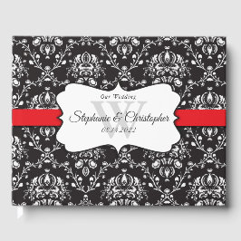 Schwarz-weiß Damask Red Stripe Wedding Gästebuch