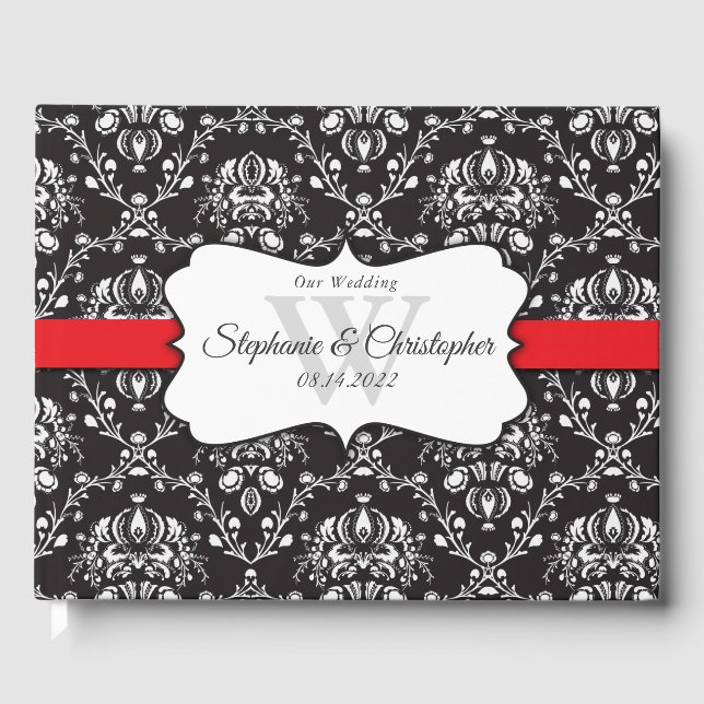 Schwarz-weiß Damask Red Stripe Wedding Gästebuch (Vorderseite)