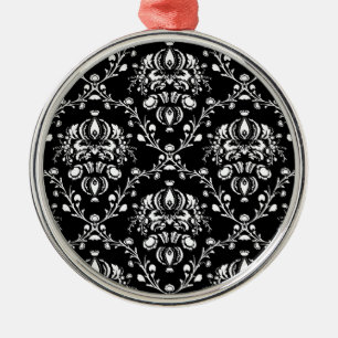 Schwarz-Weiß-Damask Silbernes Ornament