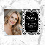 Schwarz-weiß Damask Silver Foto 50. Geburtstag Einladung<br><div class="desc">Elegante weibliche 50. Geburtstagseinladung mit Ihrem Foto. Glam Schwarz-weißes Design mit Imitaten Glitzer Silber. Enthält schwarz-weiße Damask-Muster,  Skript-Schriftart und Confetti. Ideal für ein stilvolles Party für Erwachsene. Personalisieren Sie Ihre persönlichen Daten. Kann für jedes Alter angepasst werden! Gedruckte Zazzle Einladungen oder Sofortdownload digitalen druckbaren Vorlage.</div>