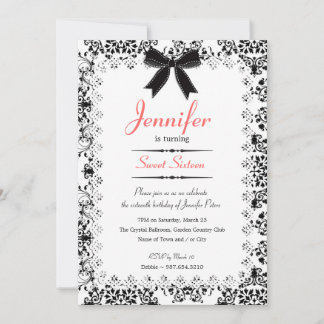 Schwarz-Weiß Damask Sweet 16 12x18 Einladung