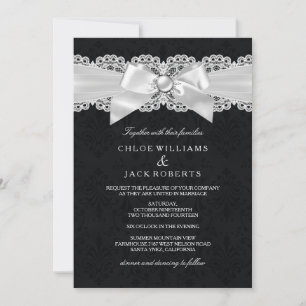 Schwarz-Weiß-Damask- und Perlen-Schleifen-Hochzeit Einladung
